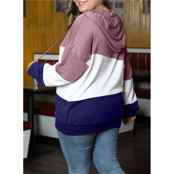 Women Plus Size Hoodies Sweatshirts Long Sleeve Colorblock Drawstring Hooded Top - Picture 6 of 8